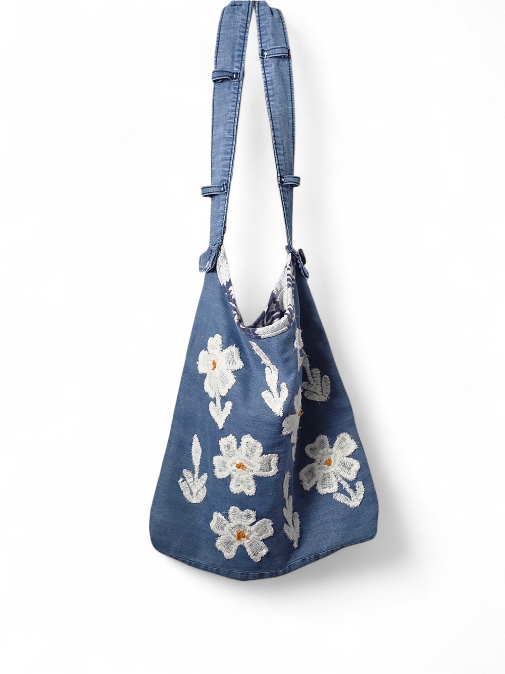 Handmade,Upcycled Blue Floral Embroidered Hobo Bag